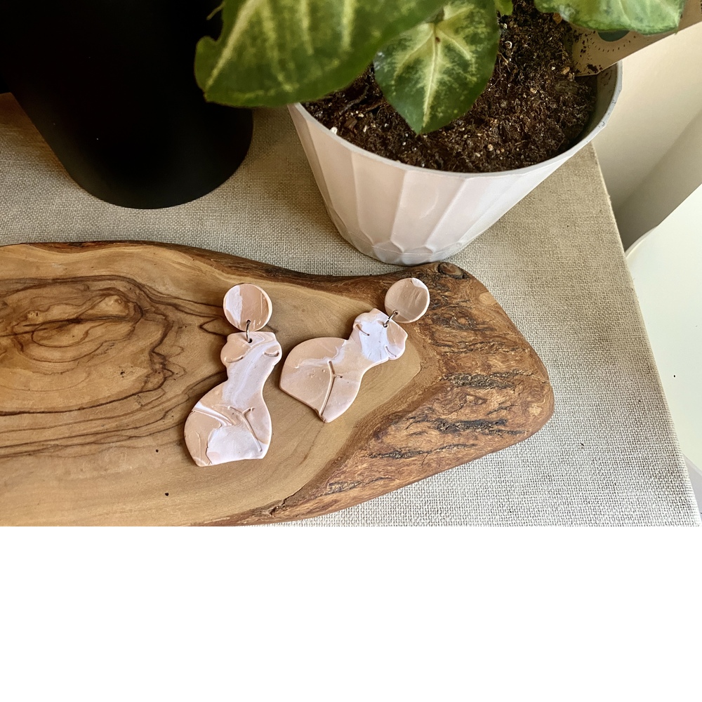 Handmade Clay Earrings | Forms of a Woman Silhouette | Tan and White Blend